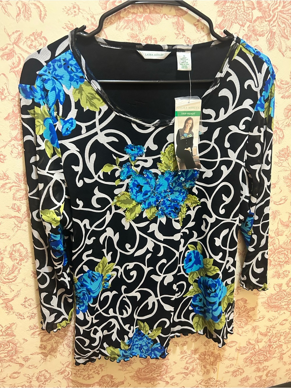 Laura Ashley y2k Mesh Black Floral Scoop Neck Top - Blue & Green Accents